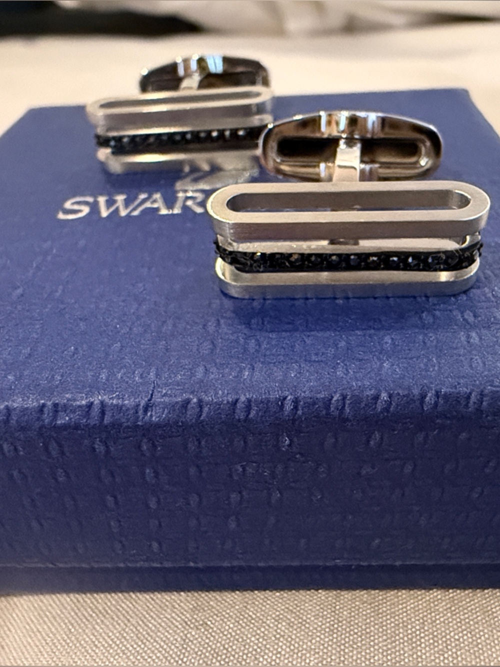 Swarovski Silver Cufflinks with Black Crystal Stripe